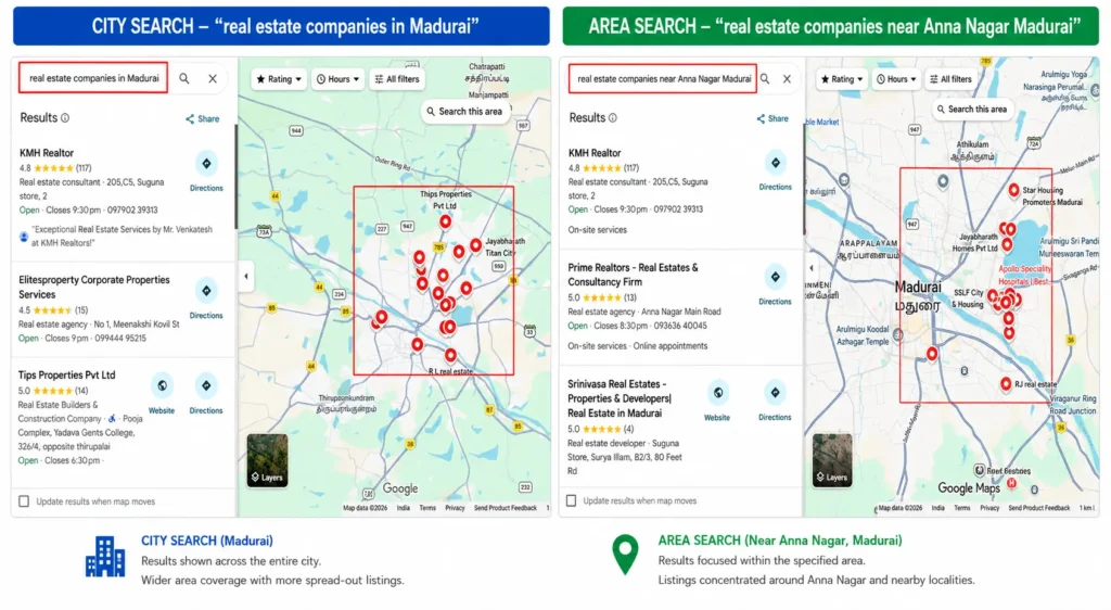 City search vs area search results on Google Business Profile