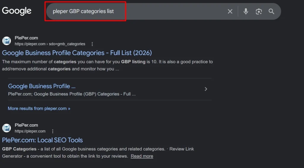 Search for the Pleper GBP category list by deepanraj digital marketing expert